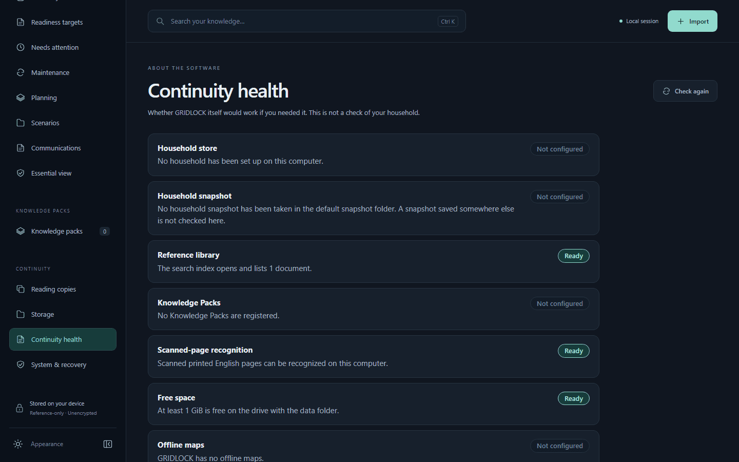 GRIDLOCK continuity health page listing household store, household snapshot, reference library, knowledge packs, scanned-page recognition, free space and offline maps, each marked Ready or Not configured.