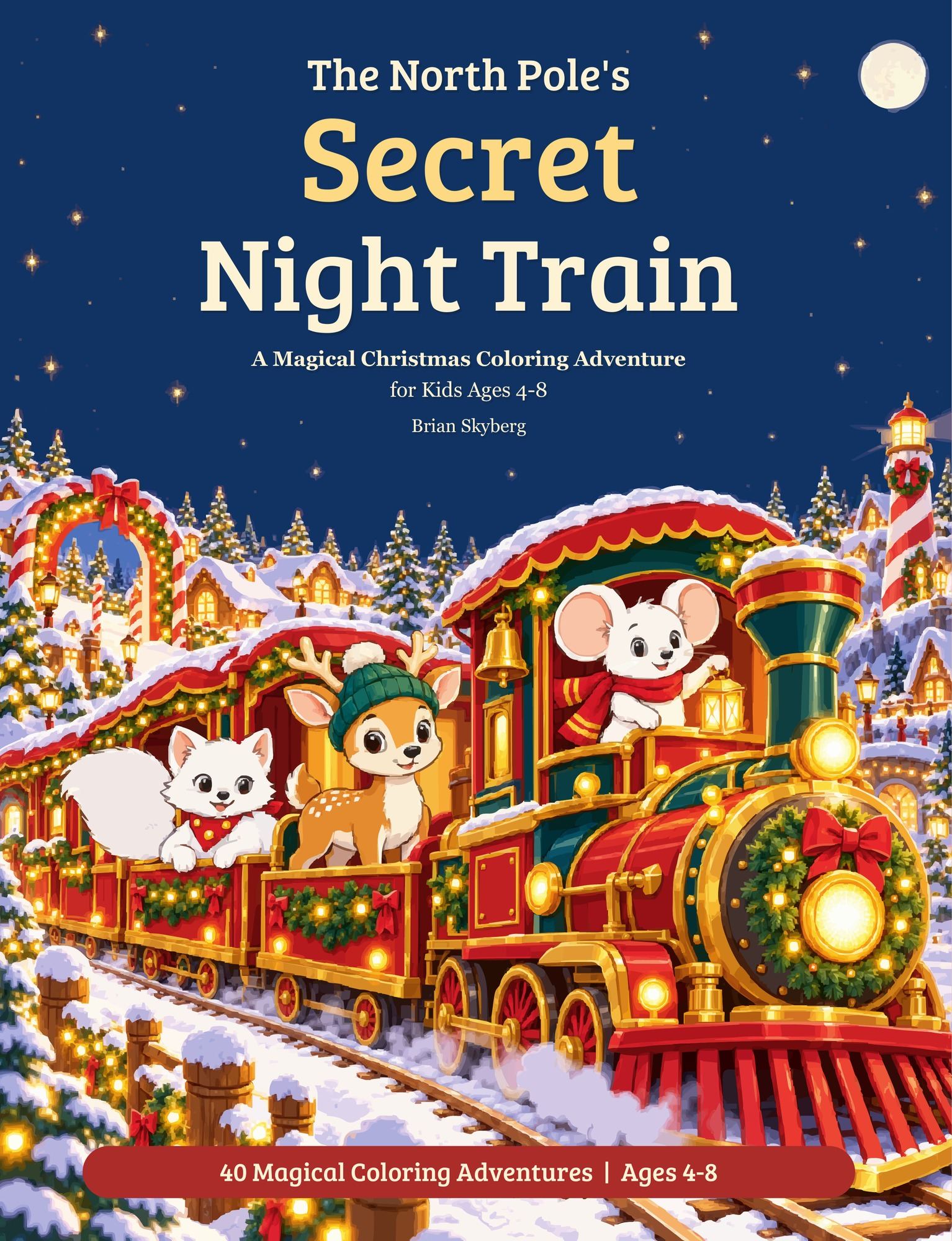 Cover of The North Pole's Secret Night Train, showing a snow mouse, a young reindeer and an Arctic fox riding a red and gold Christmas train through a snowy village at night.