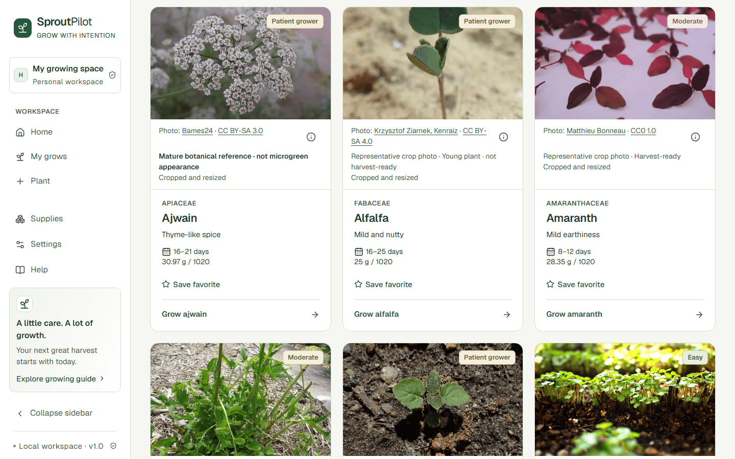 SproutPilot crop library showing photo cards for Ajwain, a patient-grower crop, and Amaranth, a moderate crop, each with days to harvest, seed weight and photo credits.