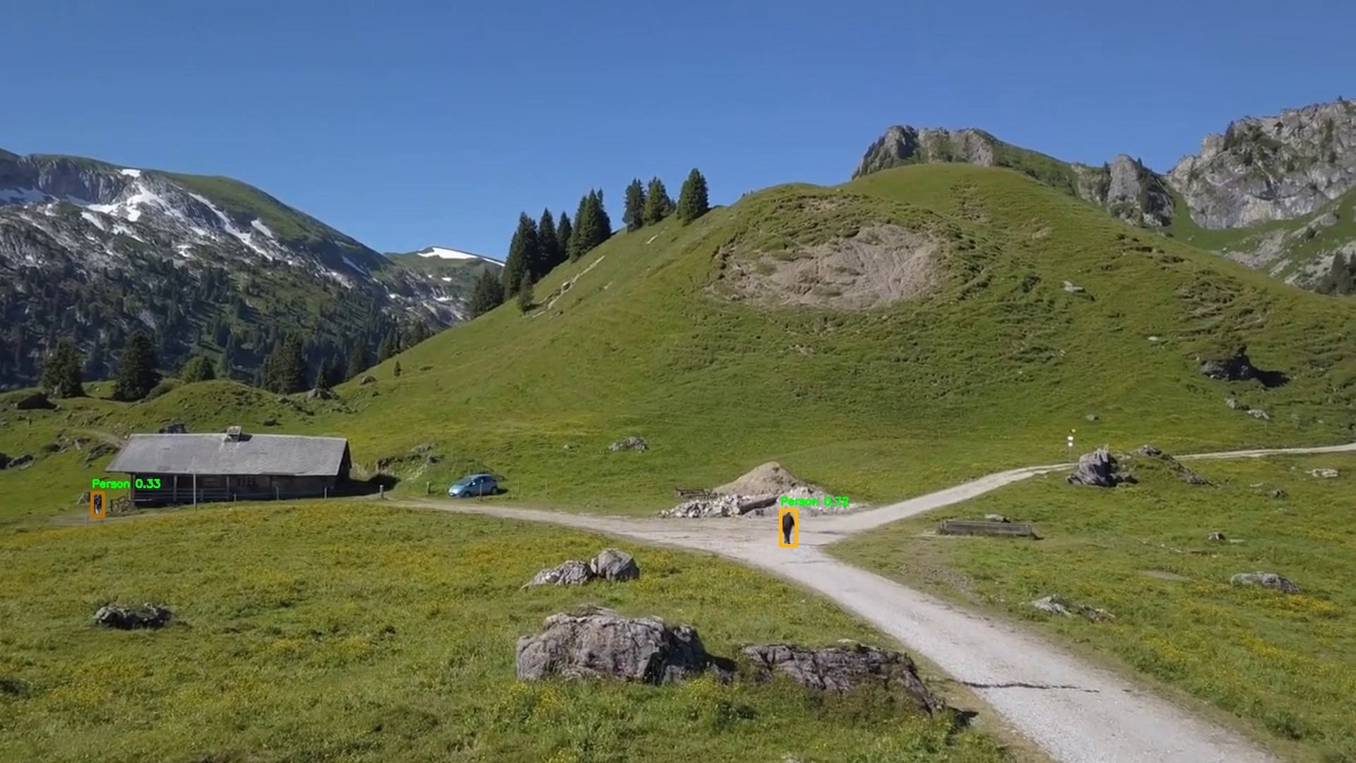 Wide aerial view of an alpine meadow with a cabin and gravel roads, with two small detection boxes marking distant people.