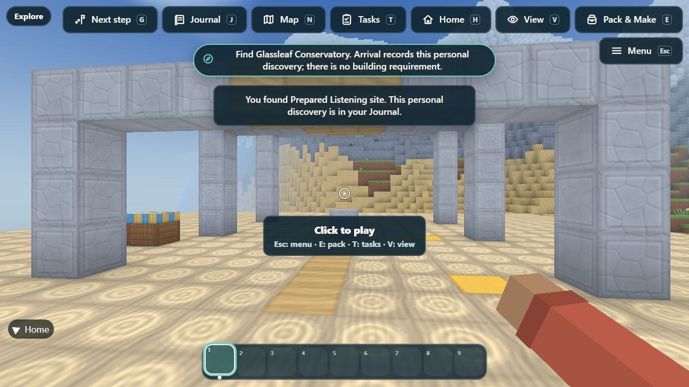 First-person view in RISE Worlds standing beneath tall stone arches in a desert landscape, with a message noting a personal discovery recorded in the journal.