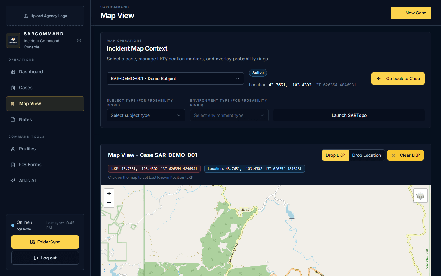 SAR Command map view with a demo case selected, last-known-position coordinates in latitude/longitude and UTM, probability ring options and an interactive topographic map.