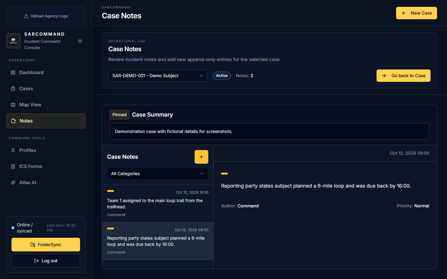 SAR Command case notes page with a pinned case summary and a timestamped, append-only list of operational notes.