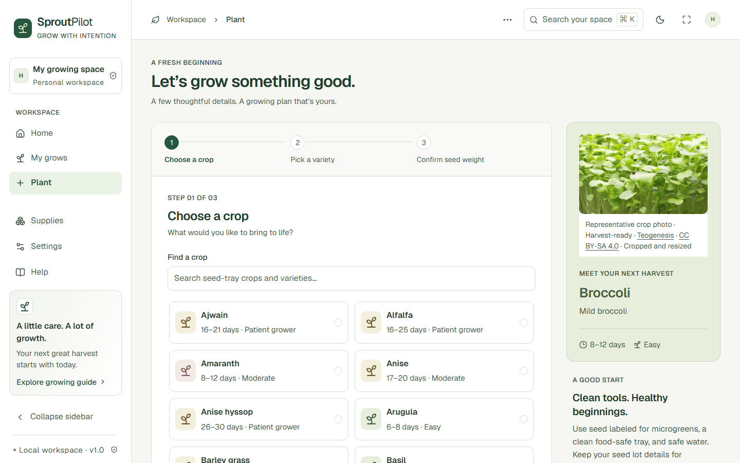 SproutPilot guided planting flow at step one of three, Choose a crop, with a searchable list of crops and their days to harvest and difficulty, and a featured broccoli crop card with a credited photo.