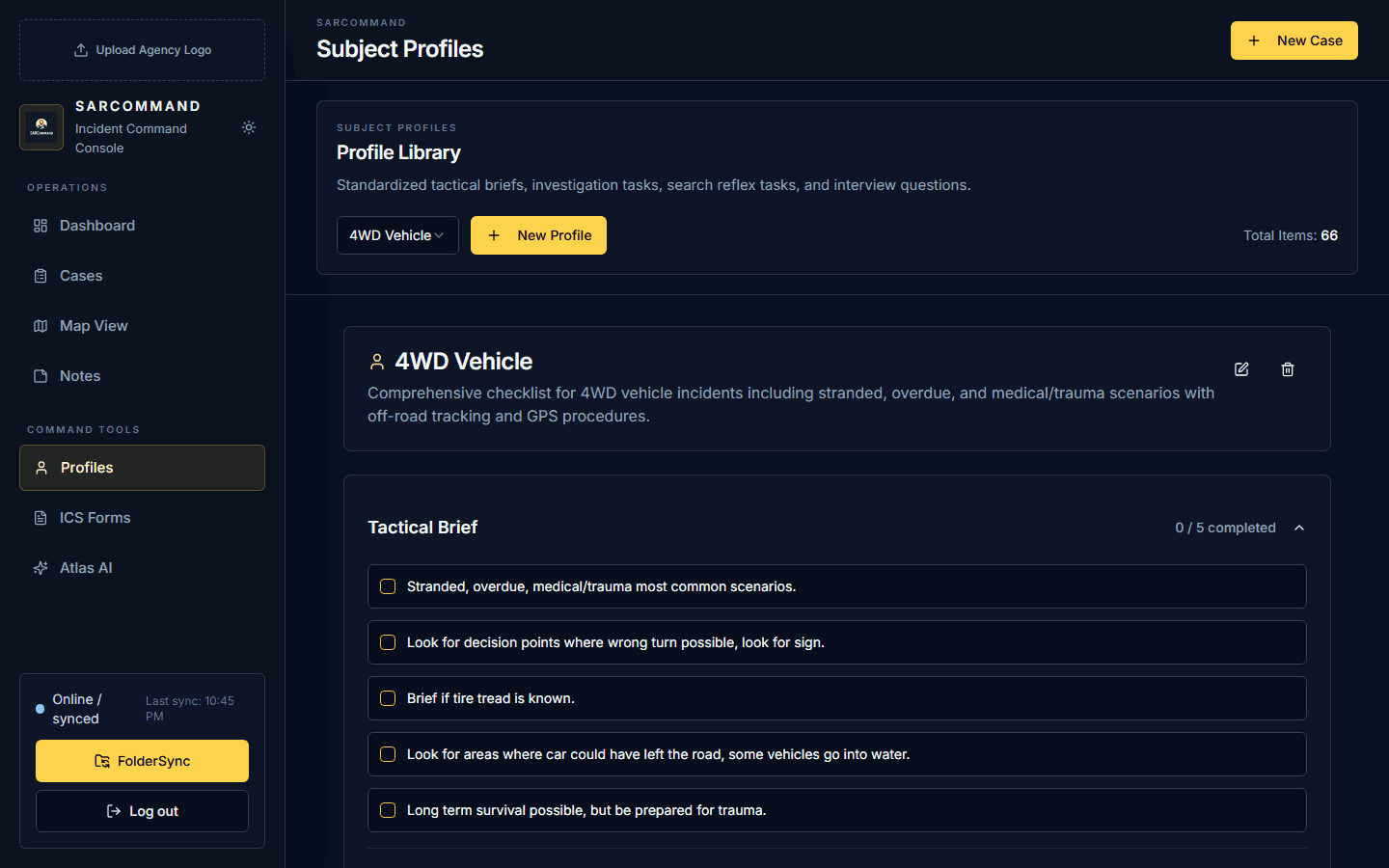 SAR Command subject profile library showing a tactical brief checklist for the 4WD Vehicle profile.