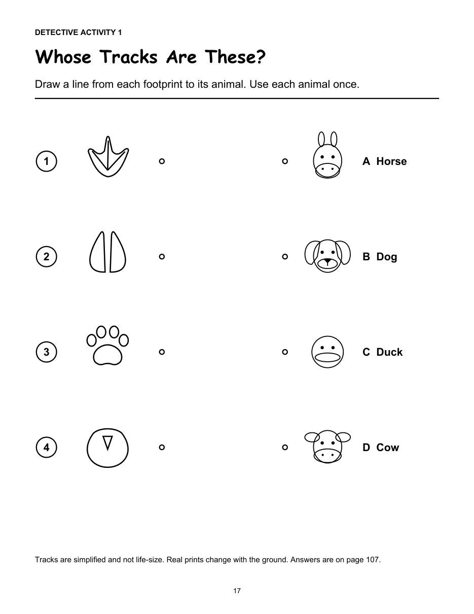Sample activity page titled Whose Tracks Are These?, where children match four animal footprints to the animals that made them.