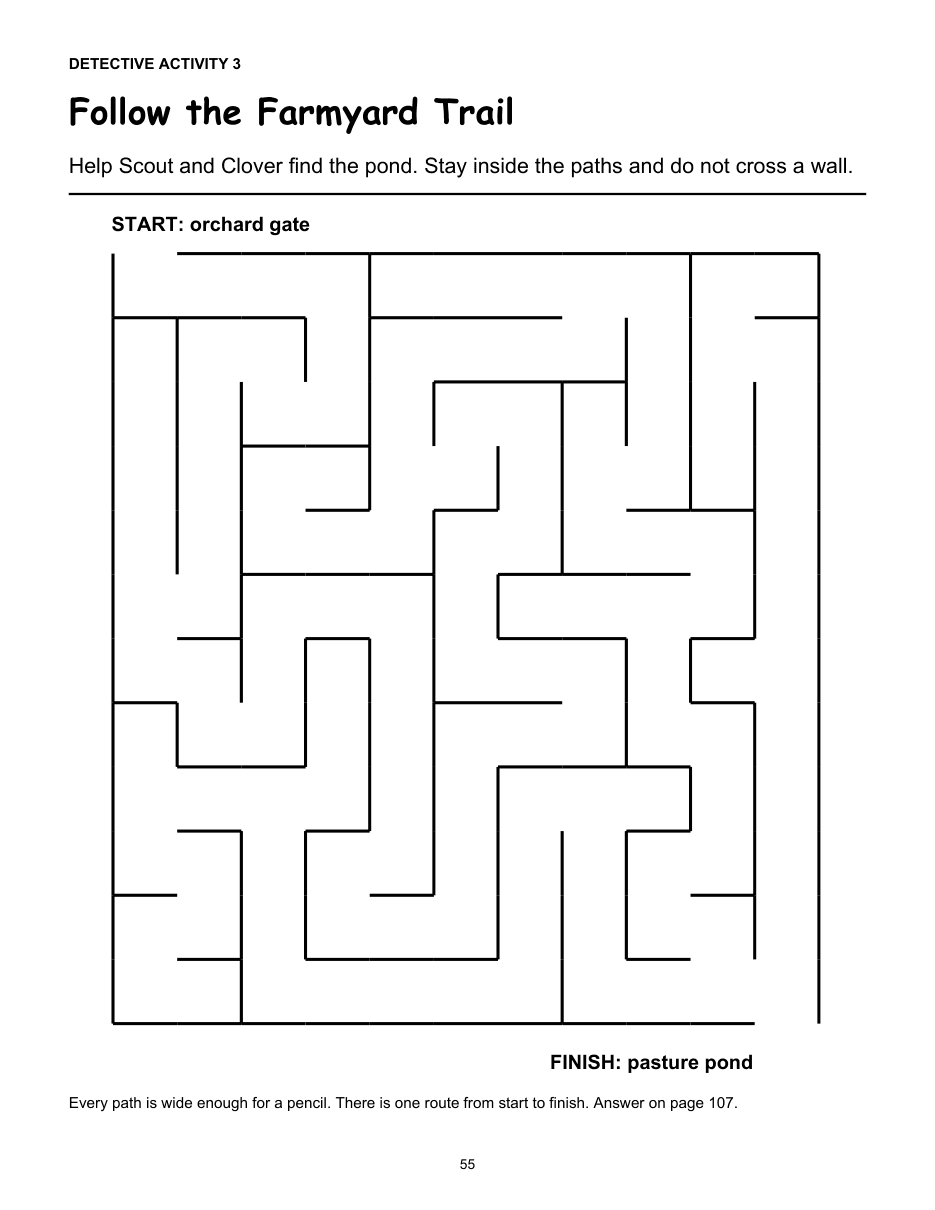 Sample activity page with a pencil maze titled Follow the Farmyard Trail.