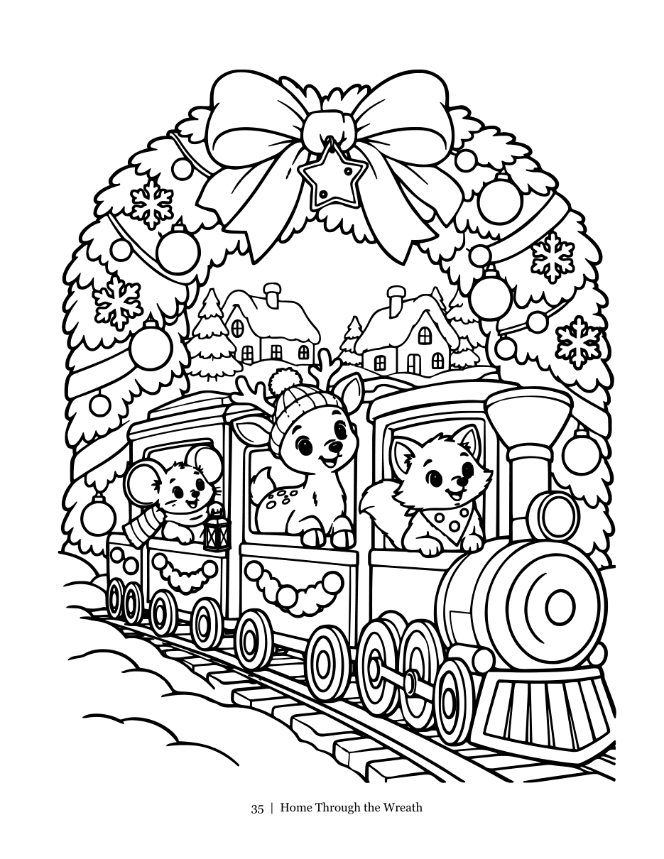 Sample coloring page, Home Through the Wreath: the night train with all three friends aboard rolling through a giant decorated wreath.